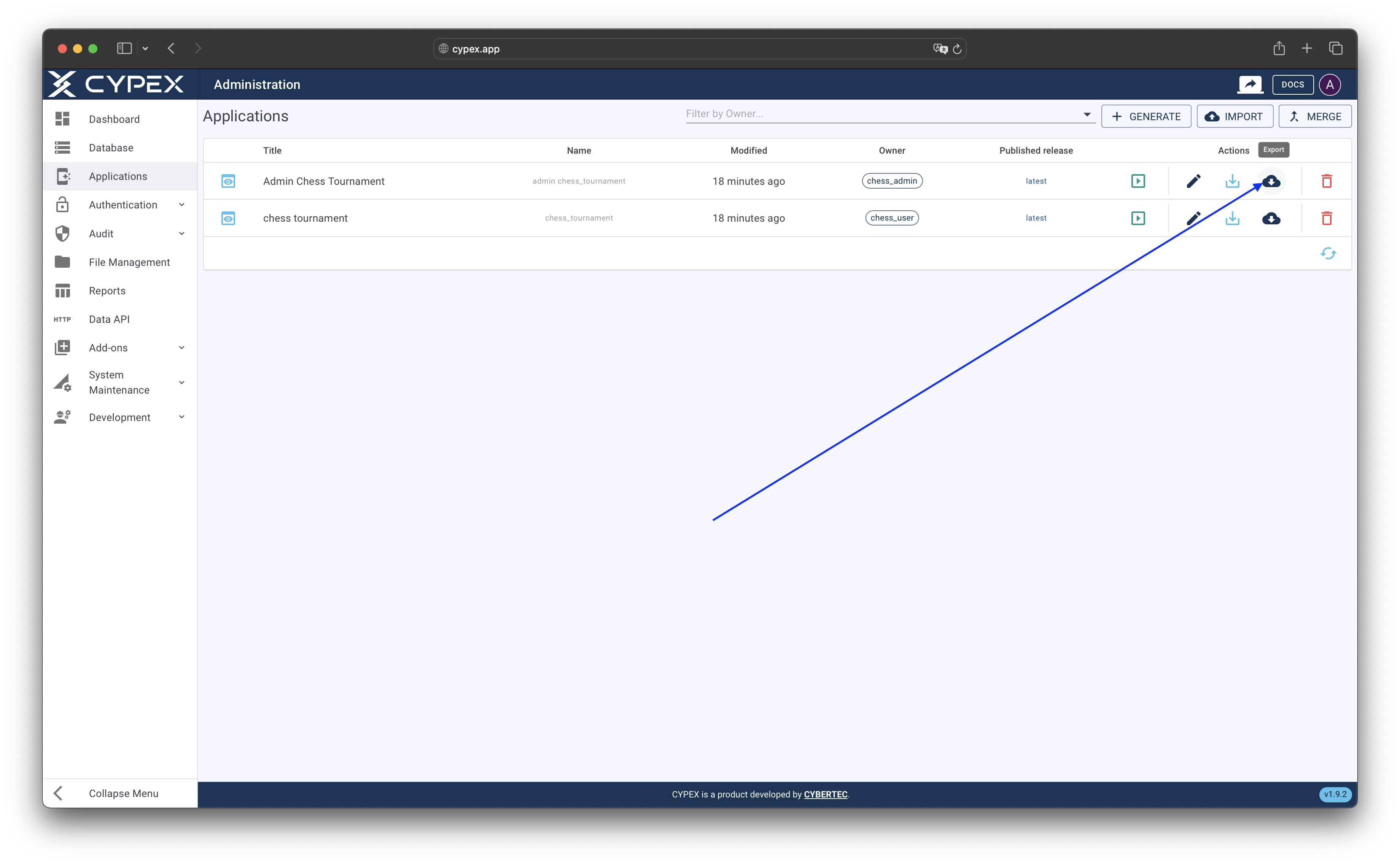 Click the export icon next to the application name to start the export process