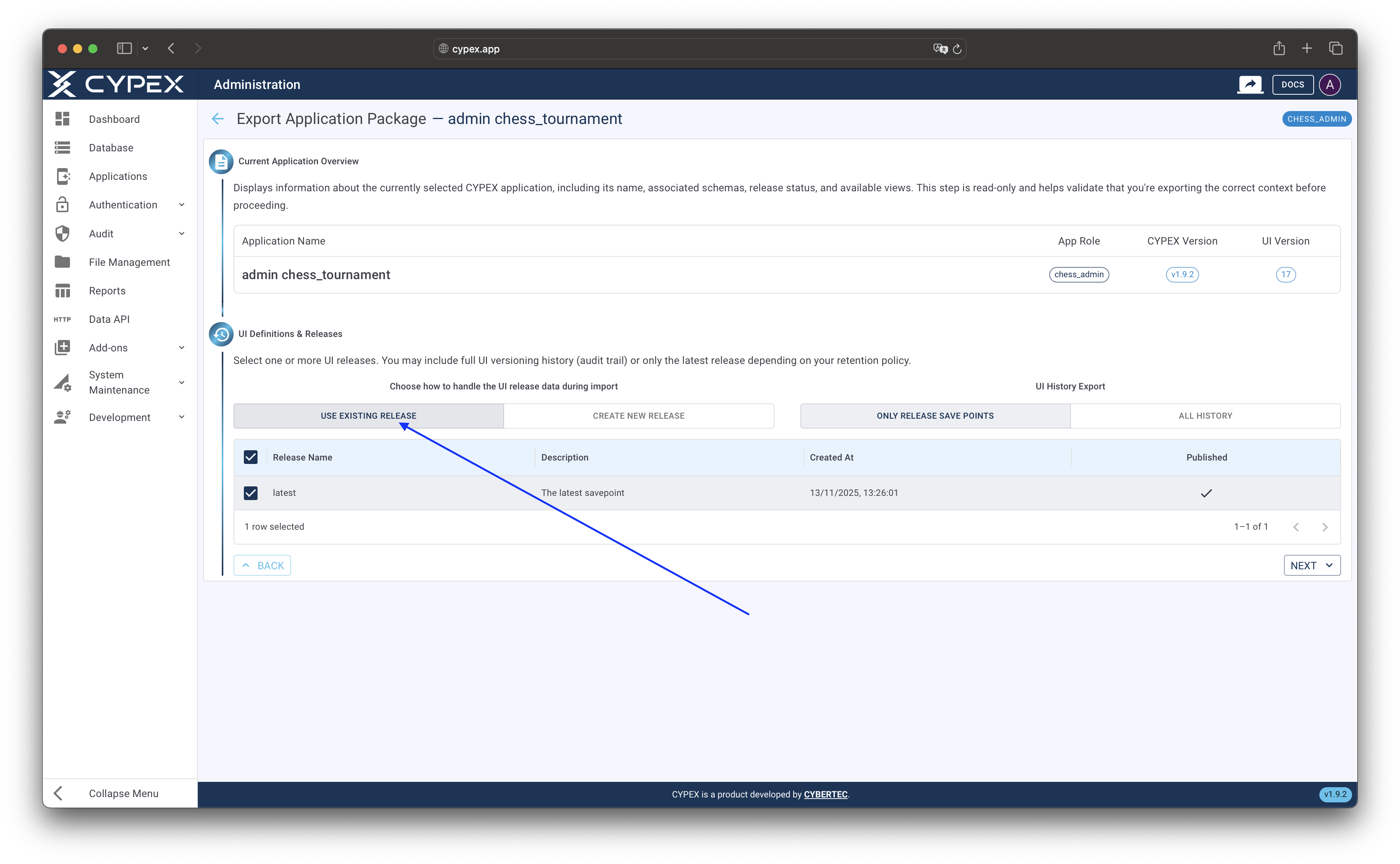 Select an existing release or create a new one for the export