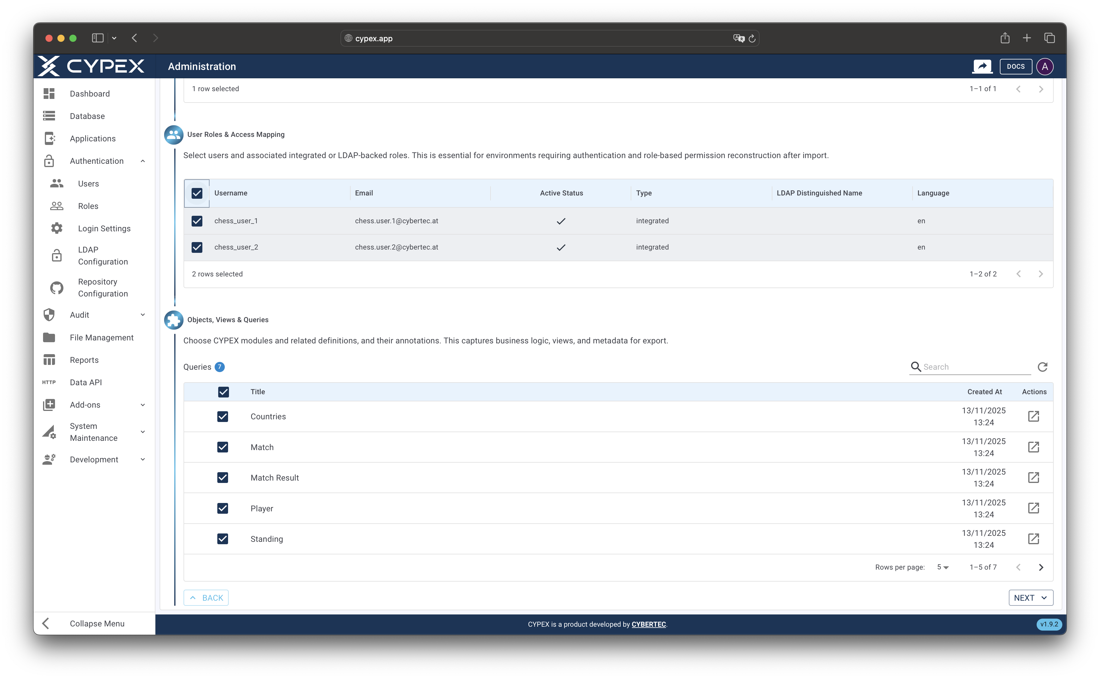 Select which application components to include in the export package