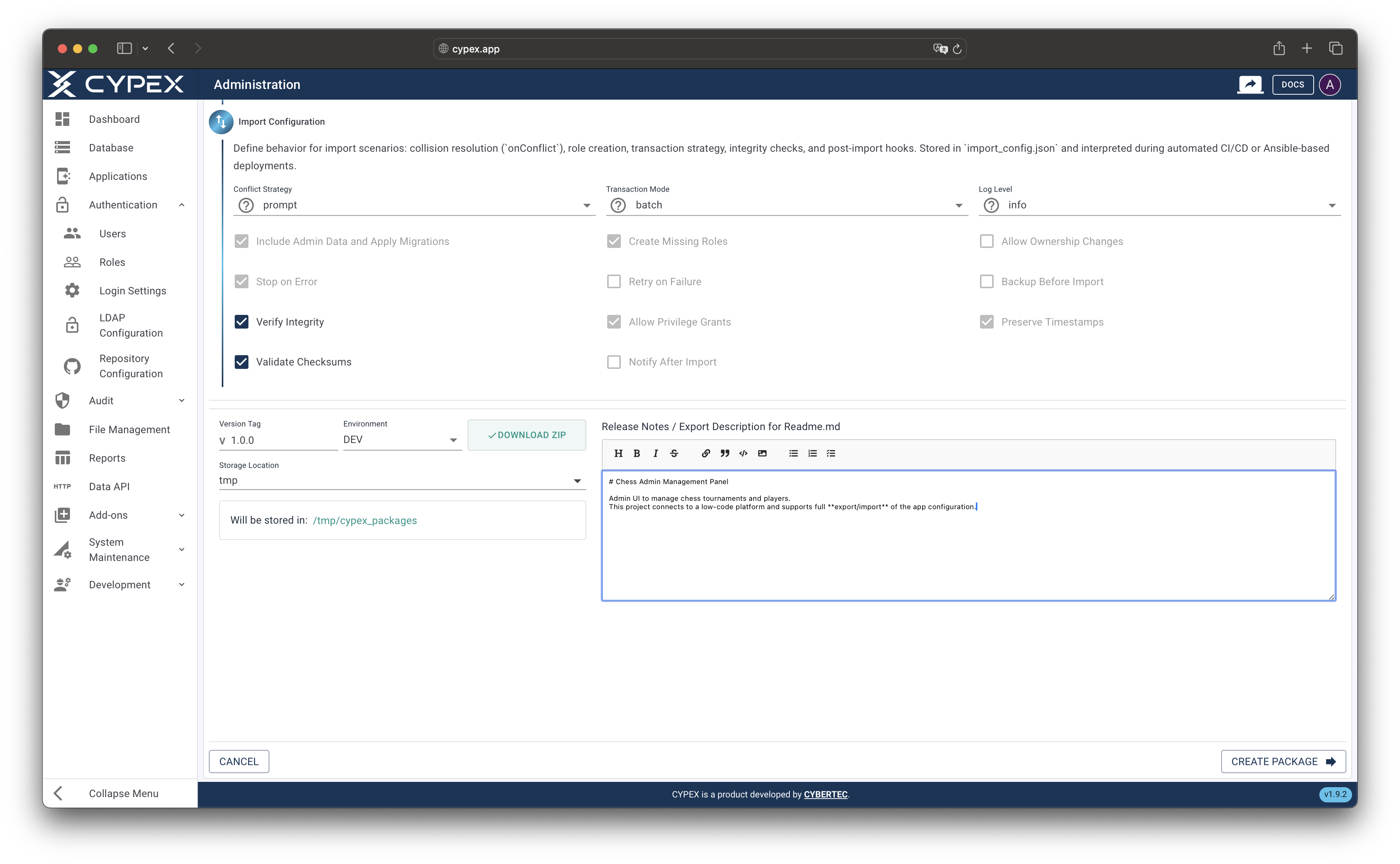 Provide version information, environment, and optional notes for the export