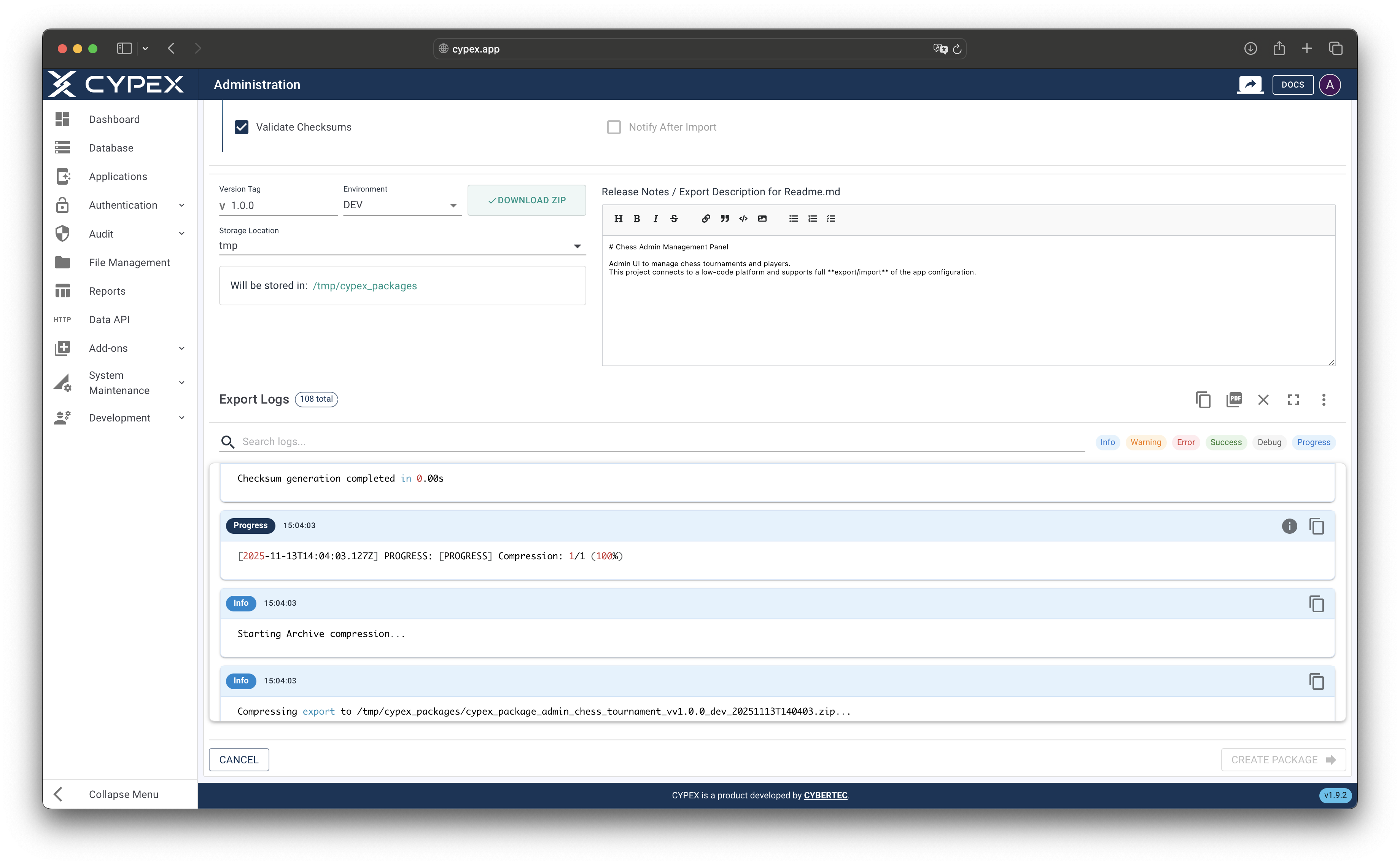Monitor export progress in real-time through the log stream with detailed progress messages