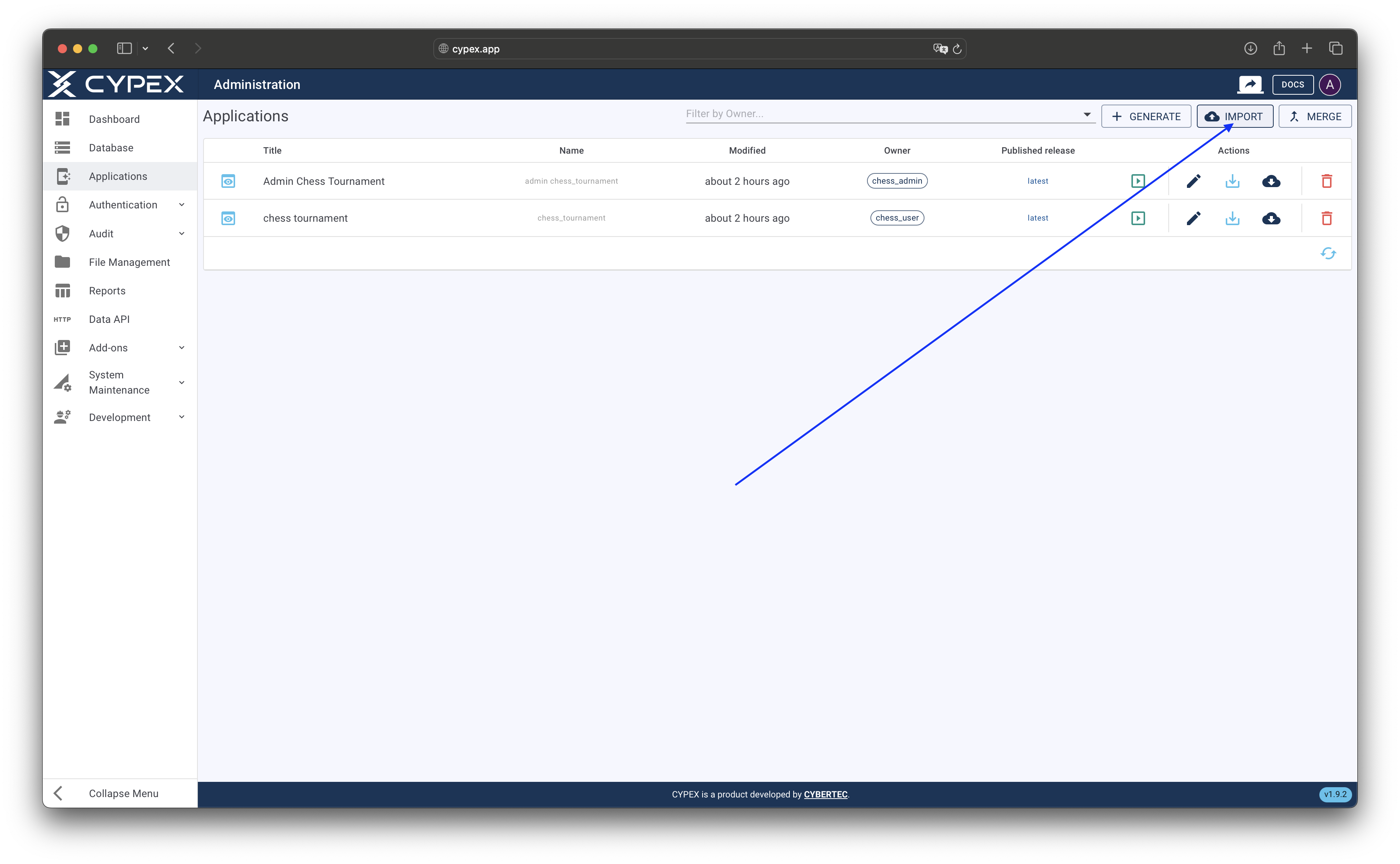 Click the Import Application button to start importing an application package