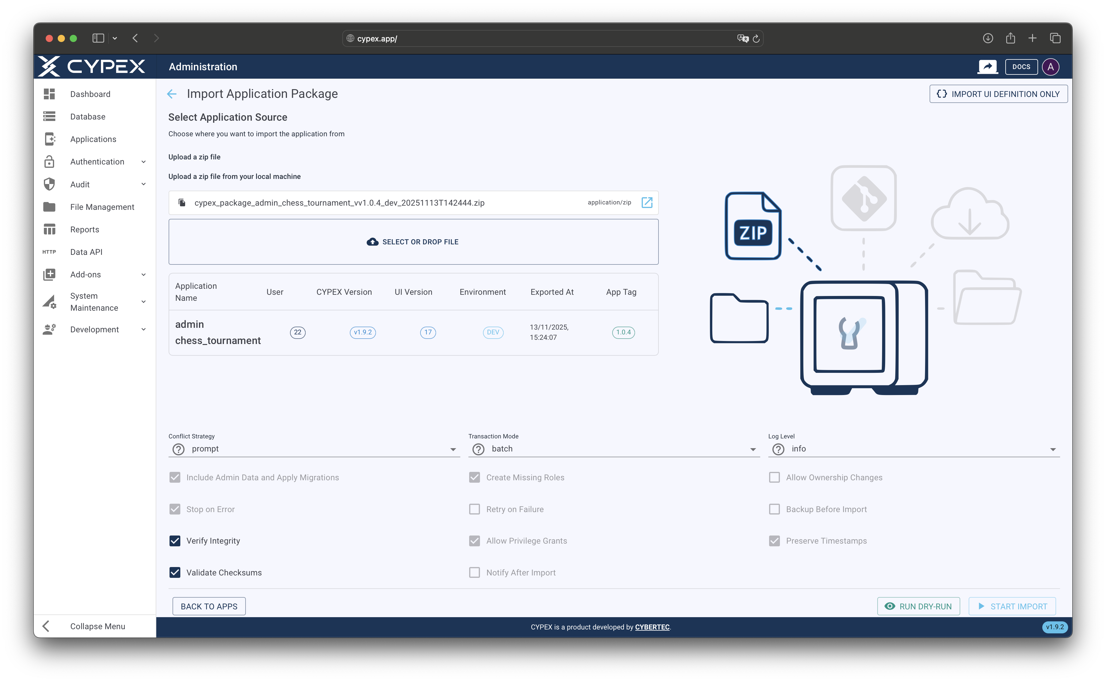 Upload an export package ZIP file from your computer