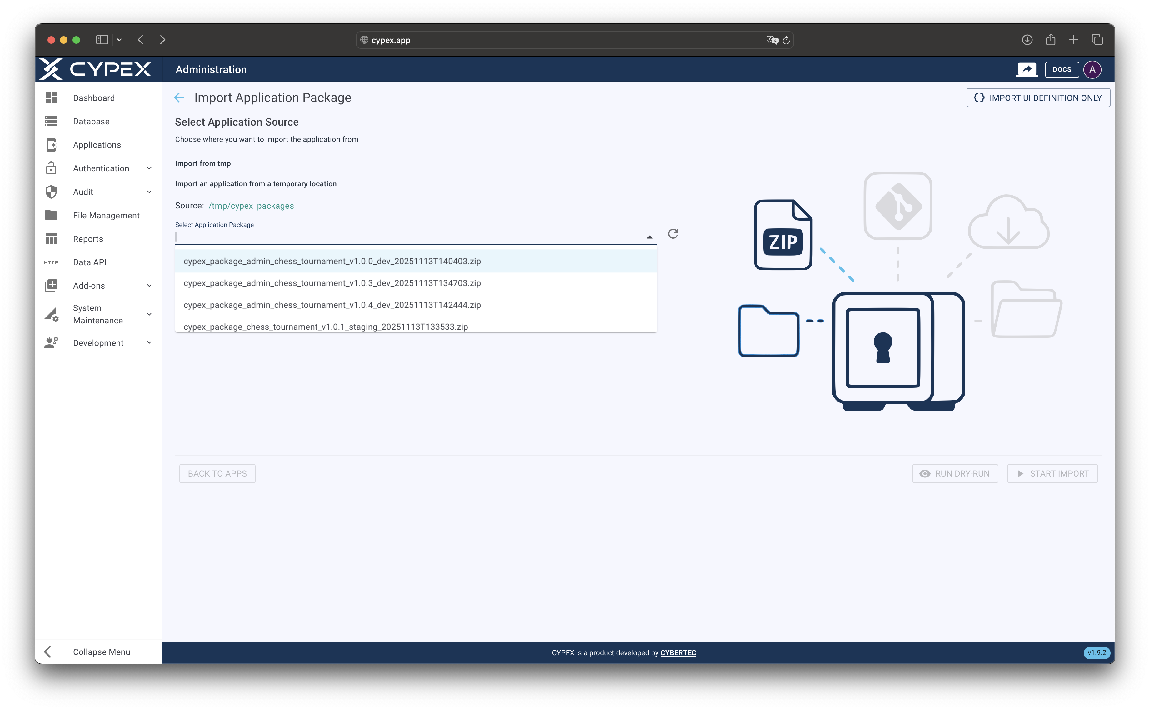 Select an export package from the server’s temporary directory