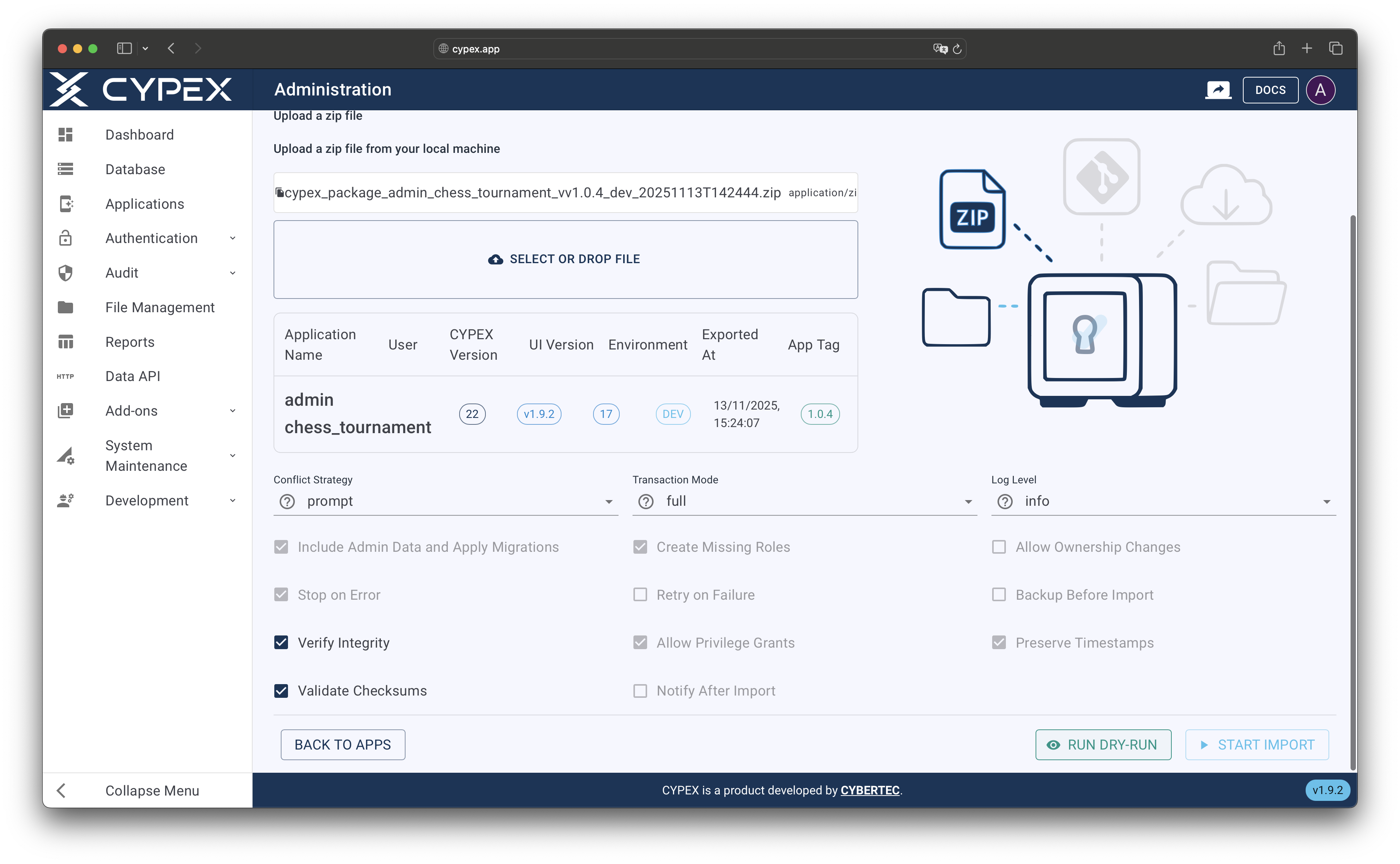 Review application metadata, export details, and package contents before proceeding