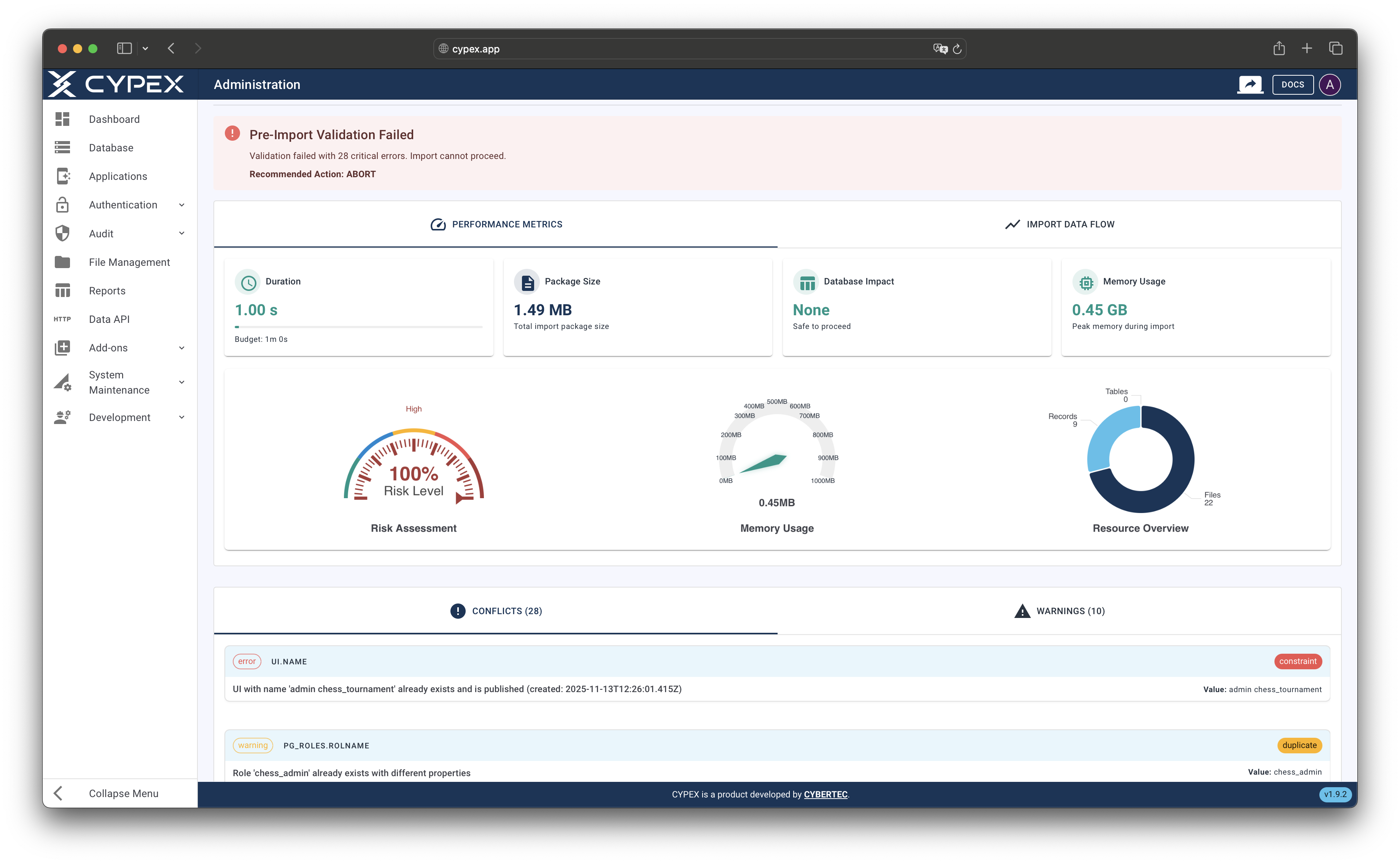 Review validation results showing conflicts, warnings, and recommendations
