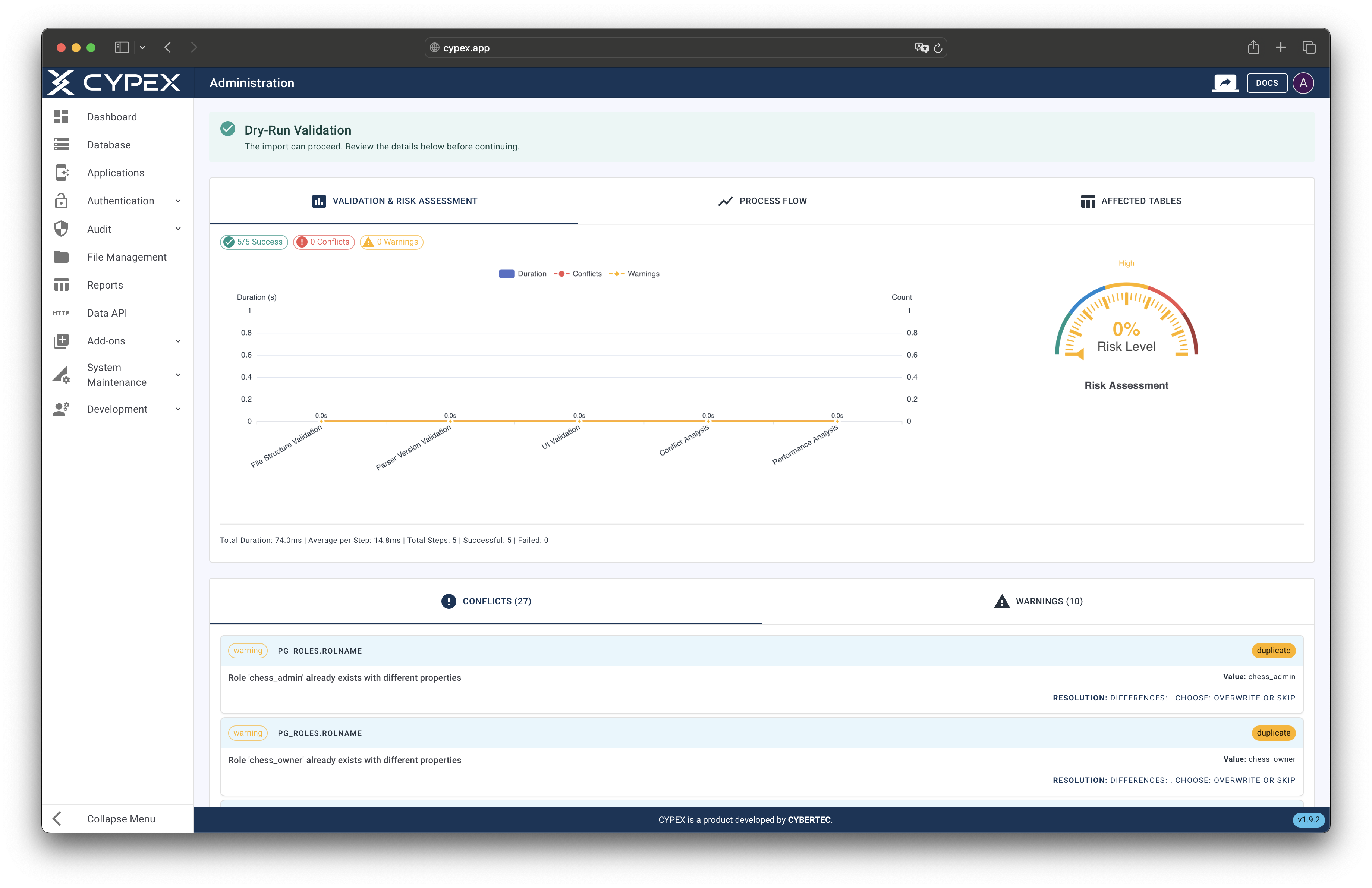 Review dry-run results with charts, metrics, and step-by-step breakdown
