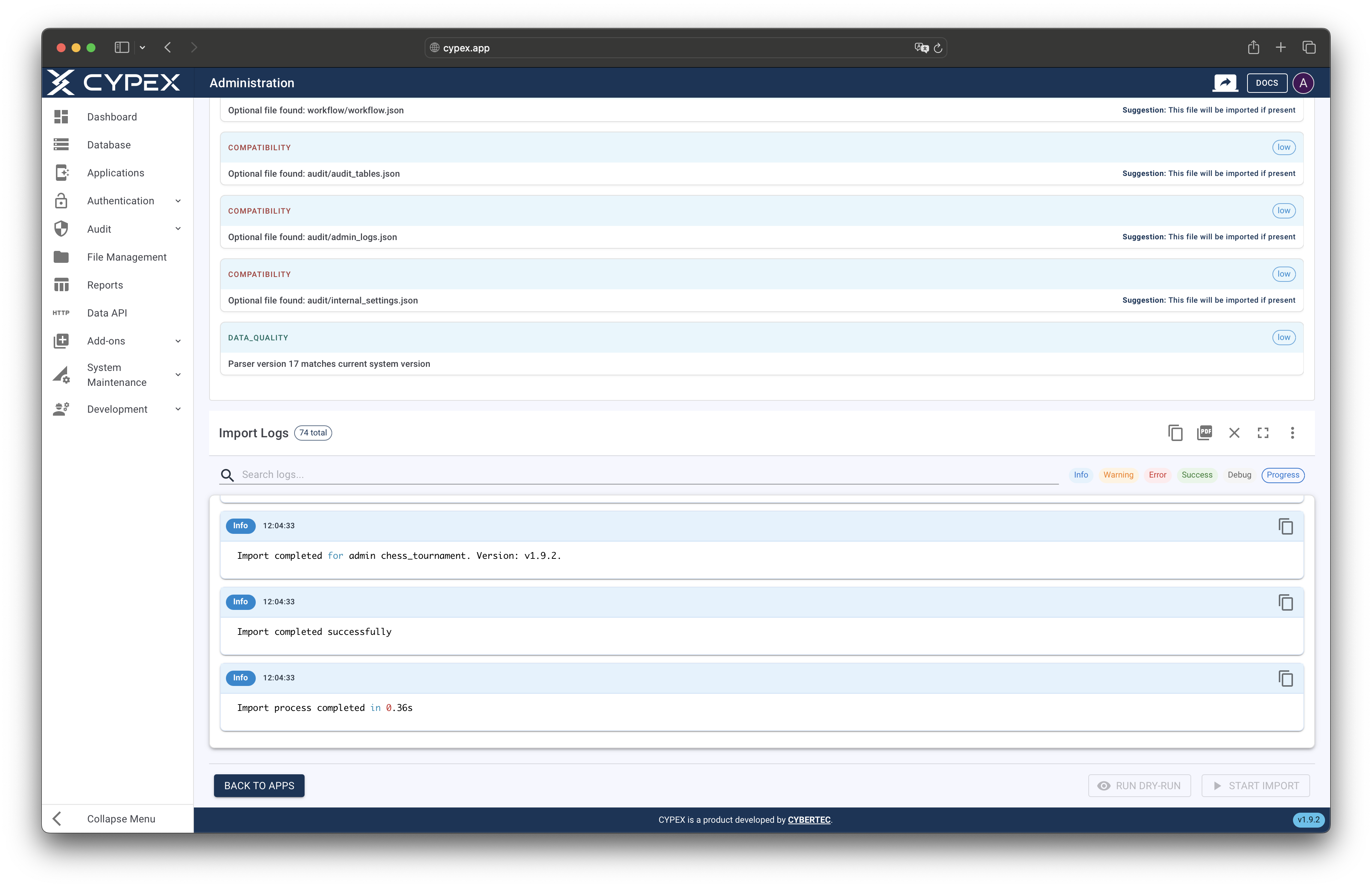 Monitor import progress in real-time through the log stream